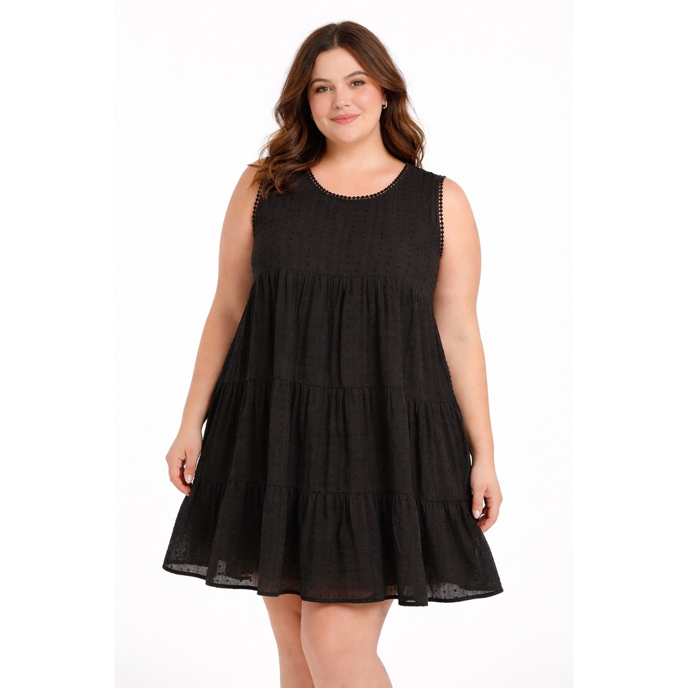 Arula Swiss Dot Tiered Babydoll Dress Tunic Black‎ Sleeveless Lined 2X Plus B